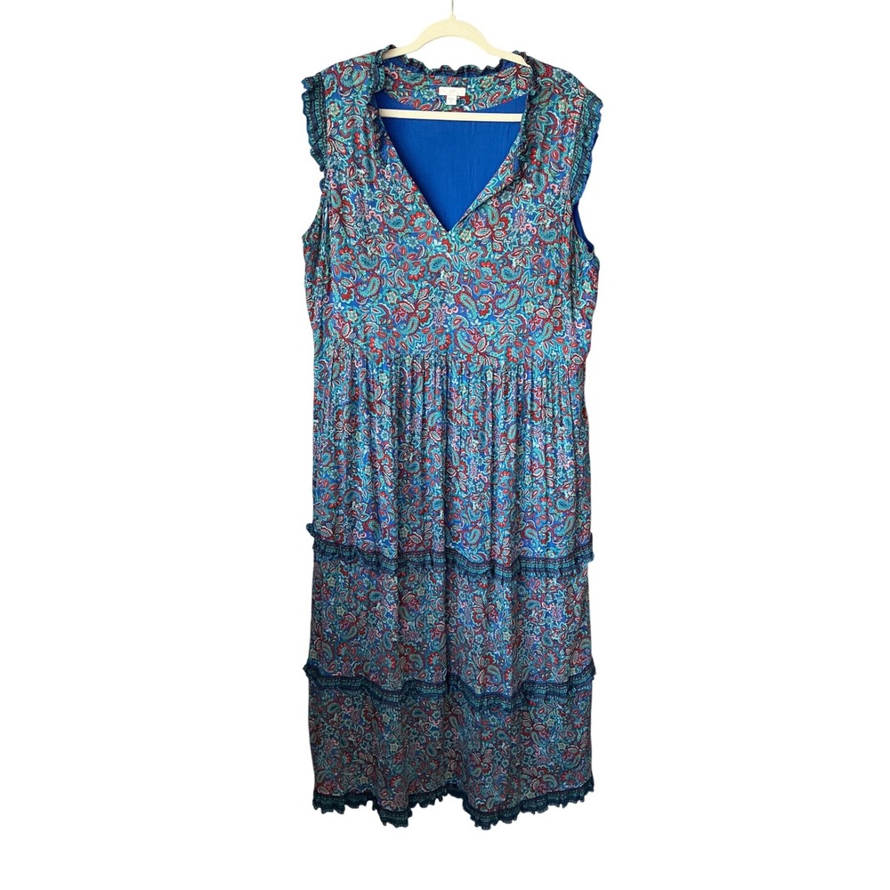 J. Jill Blue Paisley Floral Tiered Maxi Dress Sleeveless‎ V-Neck Pockets XL Tall